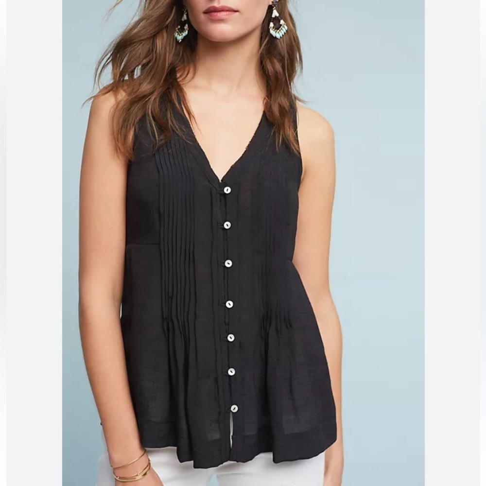 Anthropologie Maeve Pintuck Sleeveless Black Blouse Women's Size M Button Up Top